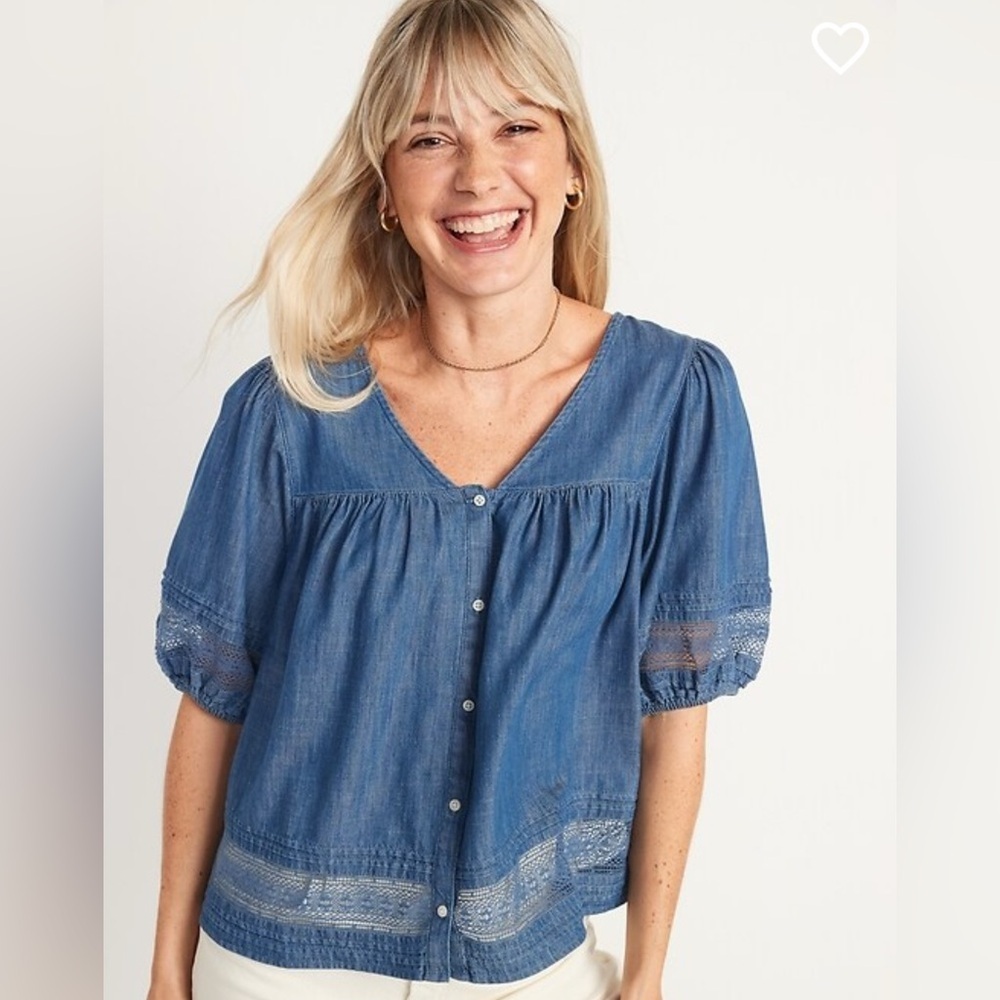 Old Navy denim puff sleeve blouse plus size 2X Boho lace trim chambray swing top